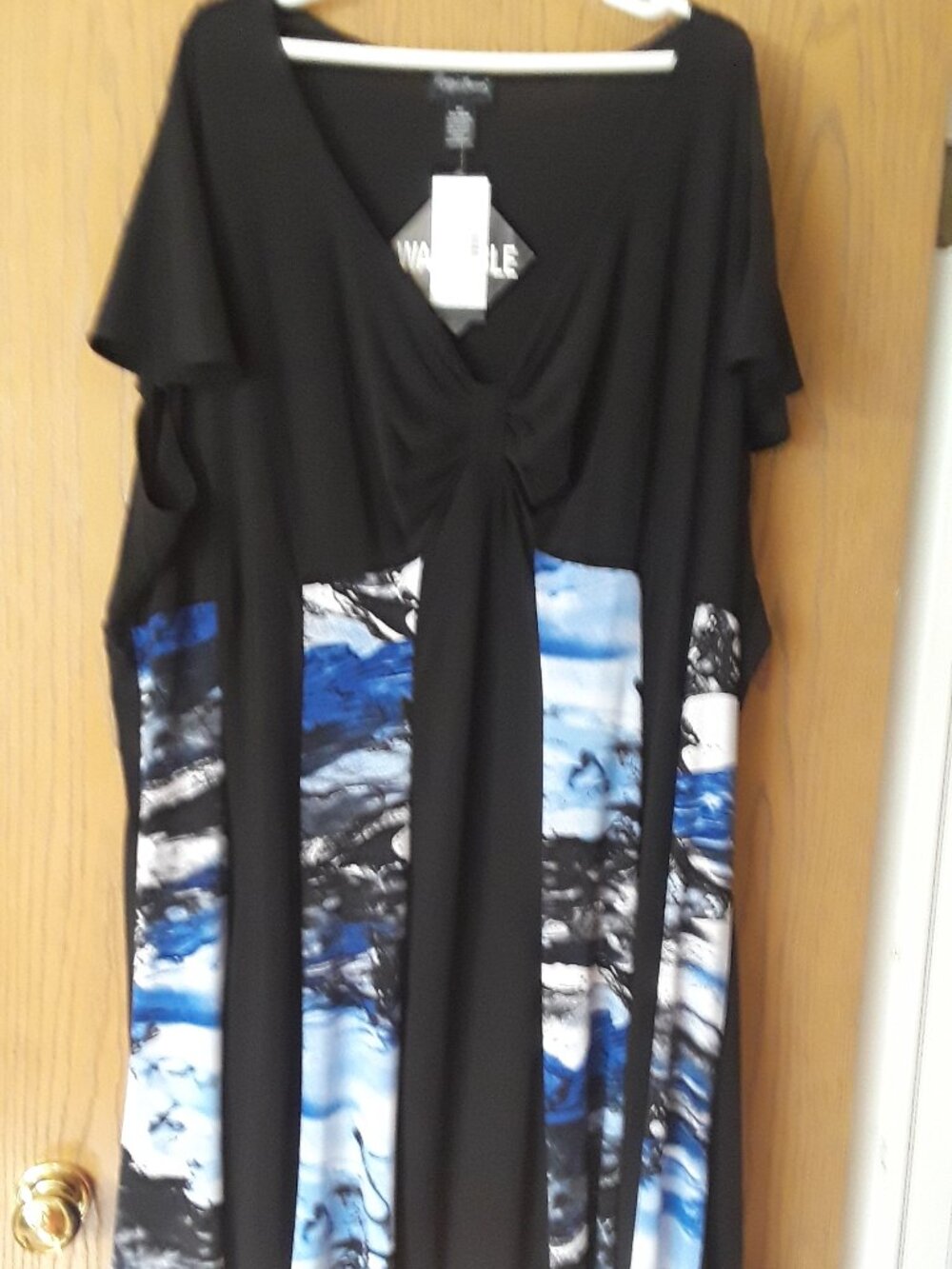 NWT Vintage Maggie Barnes 5X Blue Pattern Fit & Flare Midi Dress Split Sleeve